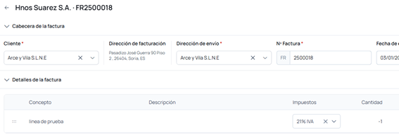 Factura rectificativa FR2500018 con los datos de la original y la cantidad en negativo