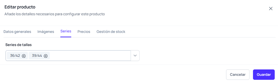 Asignación de una serie de tallas a un producto