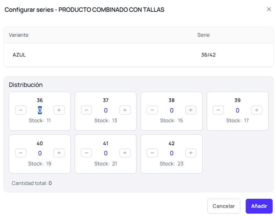 Introducción de cantidades por talla en un documento de compra o venta